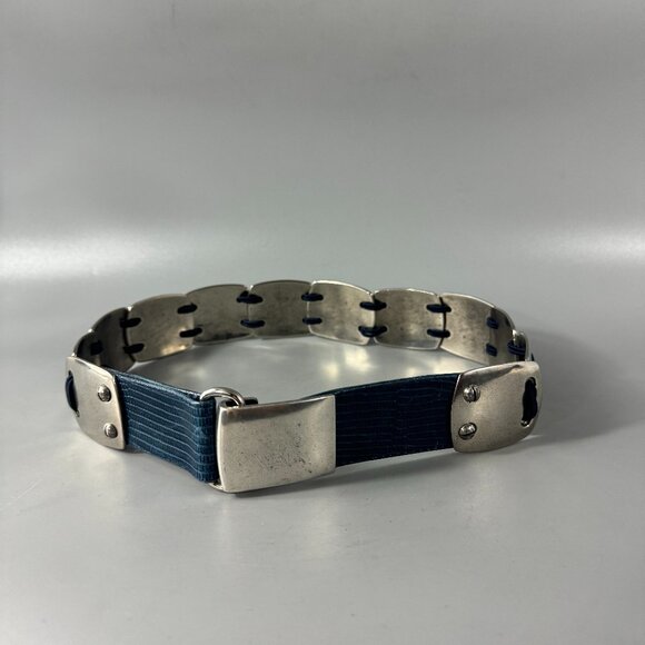 Suzi Roher Canada Blue Leather Silver-tone Metal Stretch Belt, Size Small - Picture 1 of 12